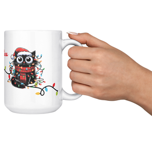 I'm Fine Everything's Fine Funny Christmas Cat Mug - Adorable Black Cat Tangled in Holiday Lights, Perfect Gift for Cat Lovers 15 oz