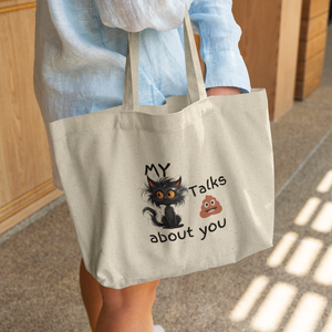My Cat Talks About You Tote Funny and quirky cotton tote bag featuring a mischievous cat design perfect for cat lovers with a sense of humor