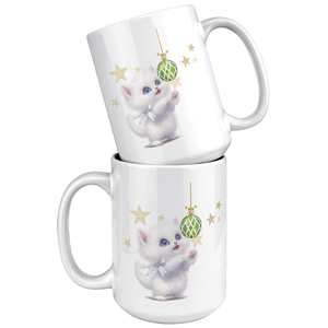 White Kitty With Ornament And Stars 15oz White Mug