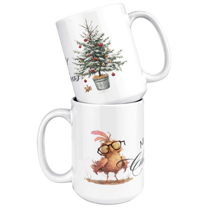 Merry Christmas Crazy Bird & Tree 15oz White Mug