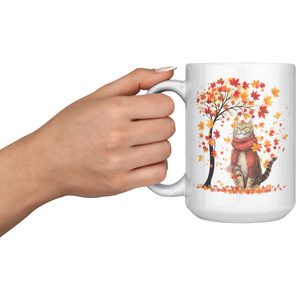 Autumn Leaves Cat 15 oz White Mug