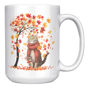 Autumn Leaves Cat 15 oz White Mug