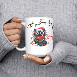 I'm Fine Everything's Fine Funny Christmas Cat Mug - Adorable Black Cat Tangled in Holiday Lights, Perfect Gift for Cat Lovers 15 oz