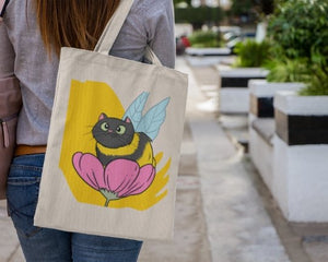 Cute Cat Bee Canvas Cotton Tote Bag