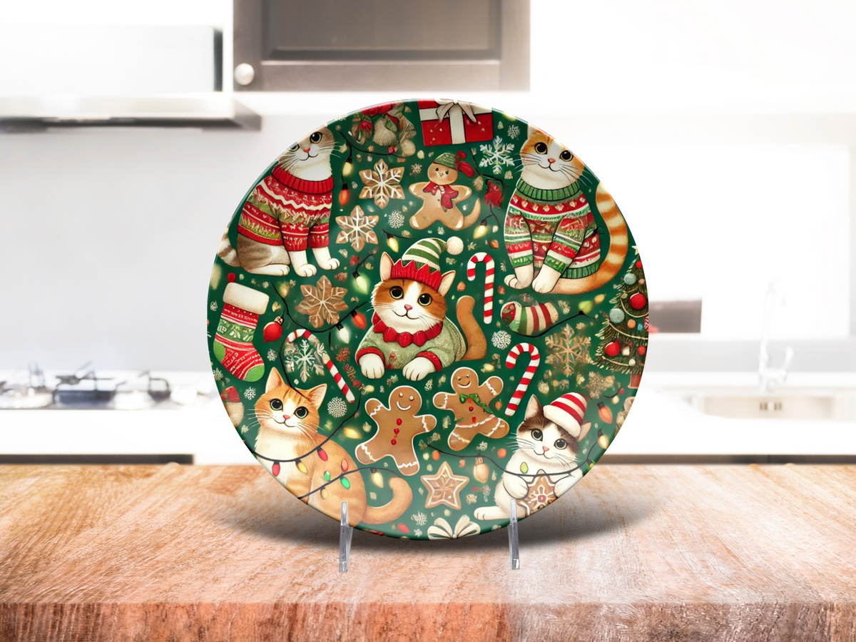Festive Cats Holiday Plate: Adorable Cats in Sweaters with Gingerbread, Candy Canes, and Snowflakes