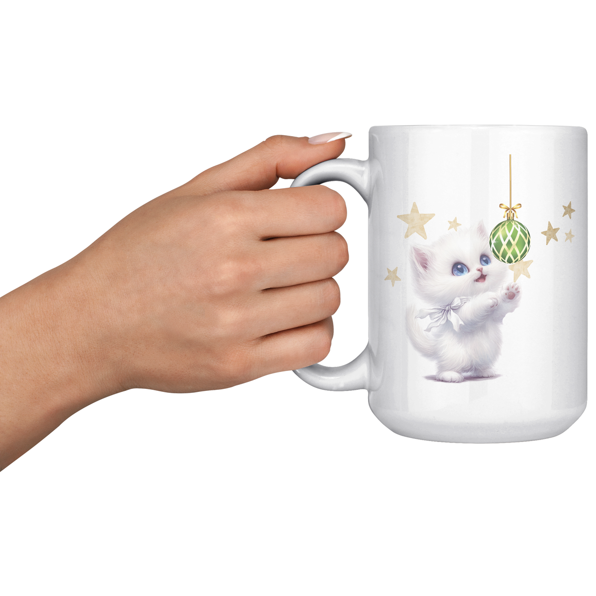 White Kitty With Ornament And Stars 15oz White Mug