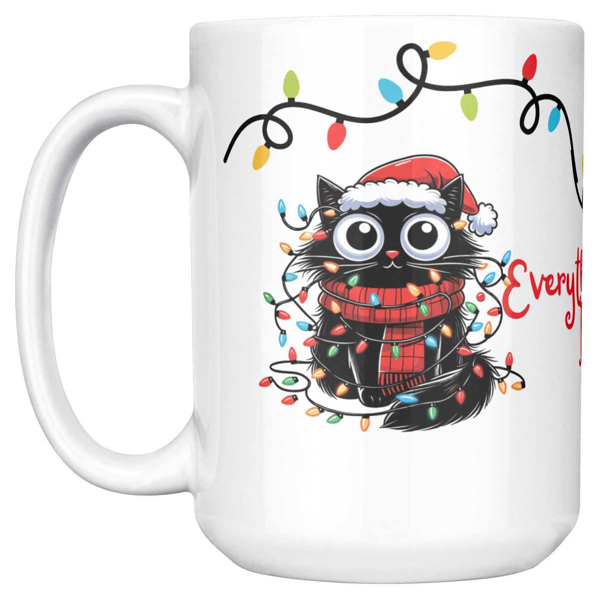 I'm Fine Everything's Fine Funny Christmas Cat Mug - Adorable Black Cat Tangled in Holiday Lights, Perfect Gift for Cat Lovers 15 oz