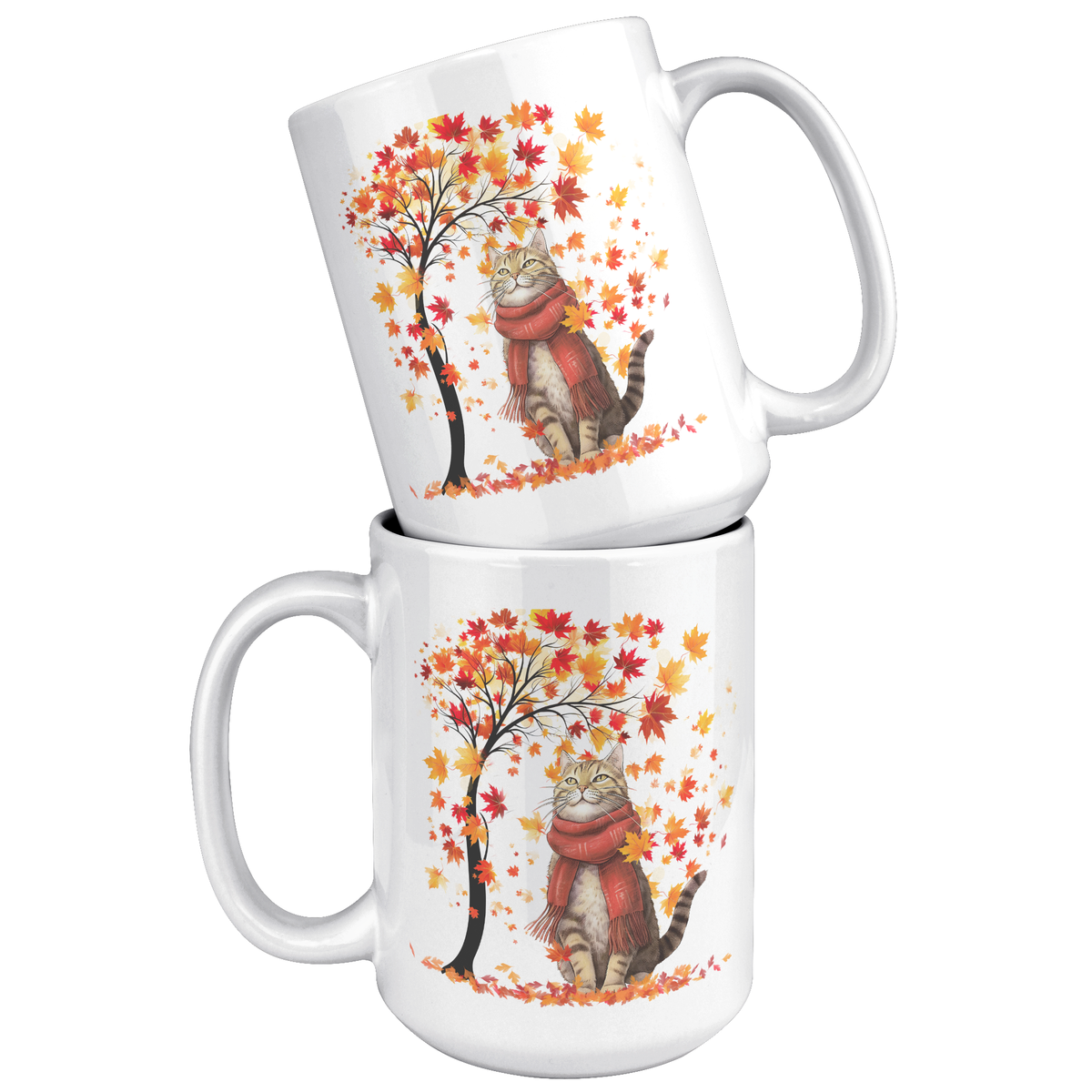 Autumn Leaves Cat 15 oz White Mug