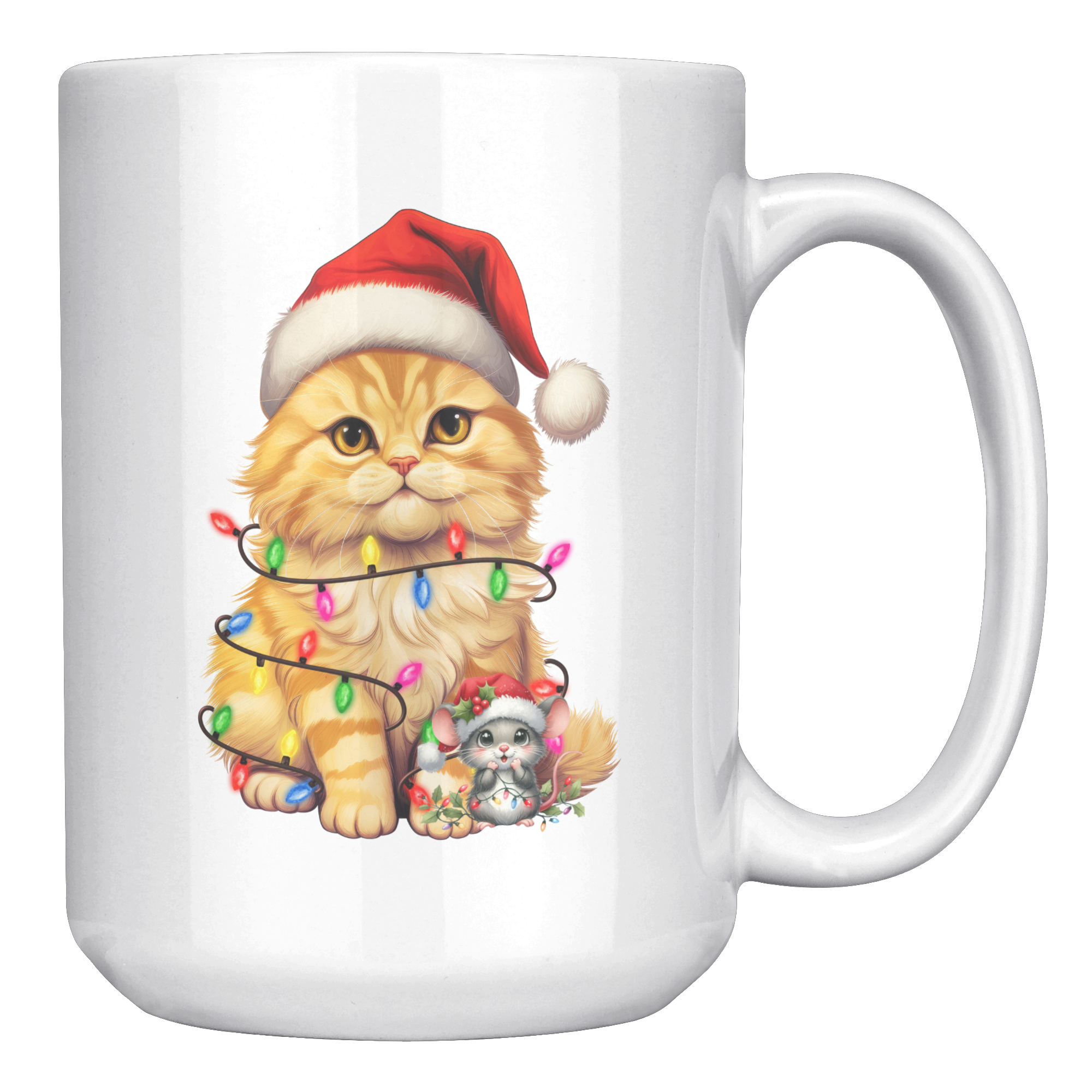 Orange Cat Christmas Hat, Lights With Mouse 15oz White Mug