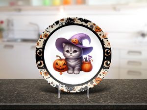 Cute Cat With Hat And Pumpkins Dinner Plate