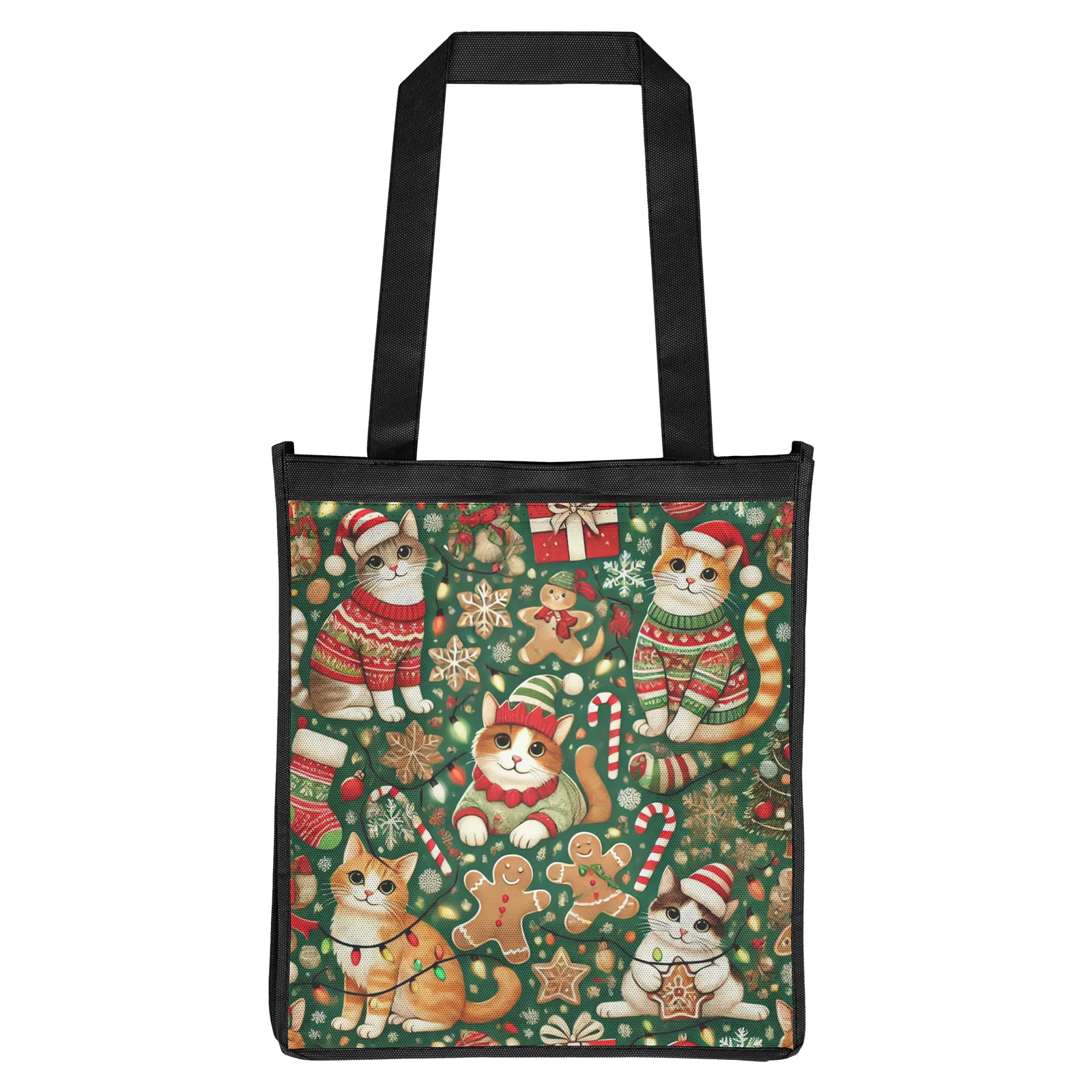 Cozy Christmas Cats Reusable Tote Bag: Festive Feline Fun with Gingerbread, Candy Canes, and Holiday Cheer!