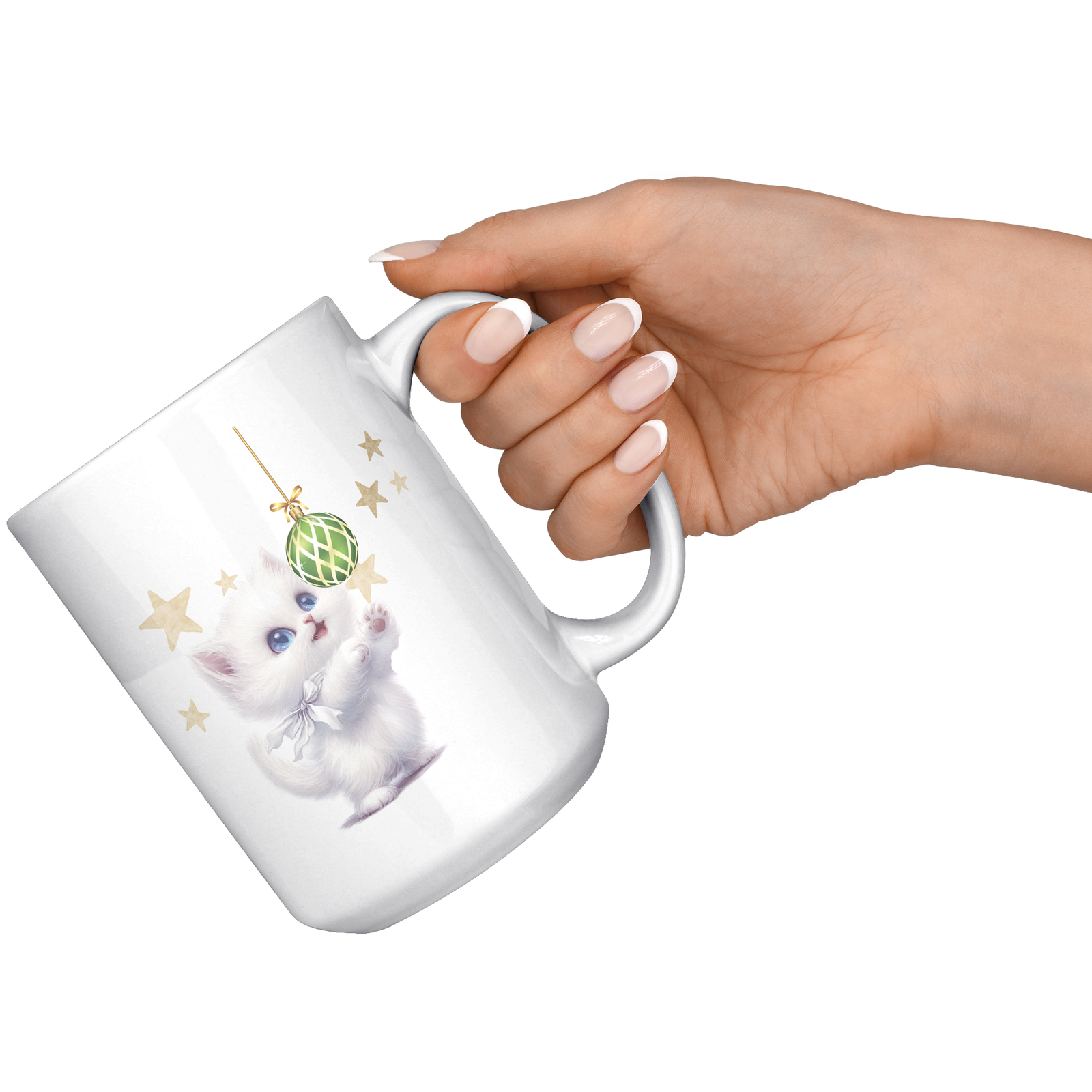 White Kitty With Ornament And Stars 15oz White Mug
