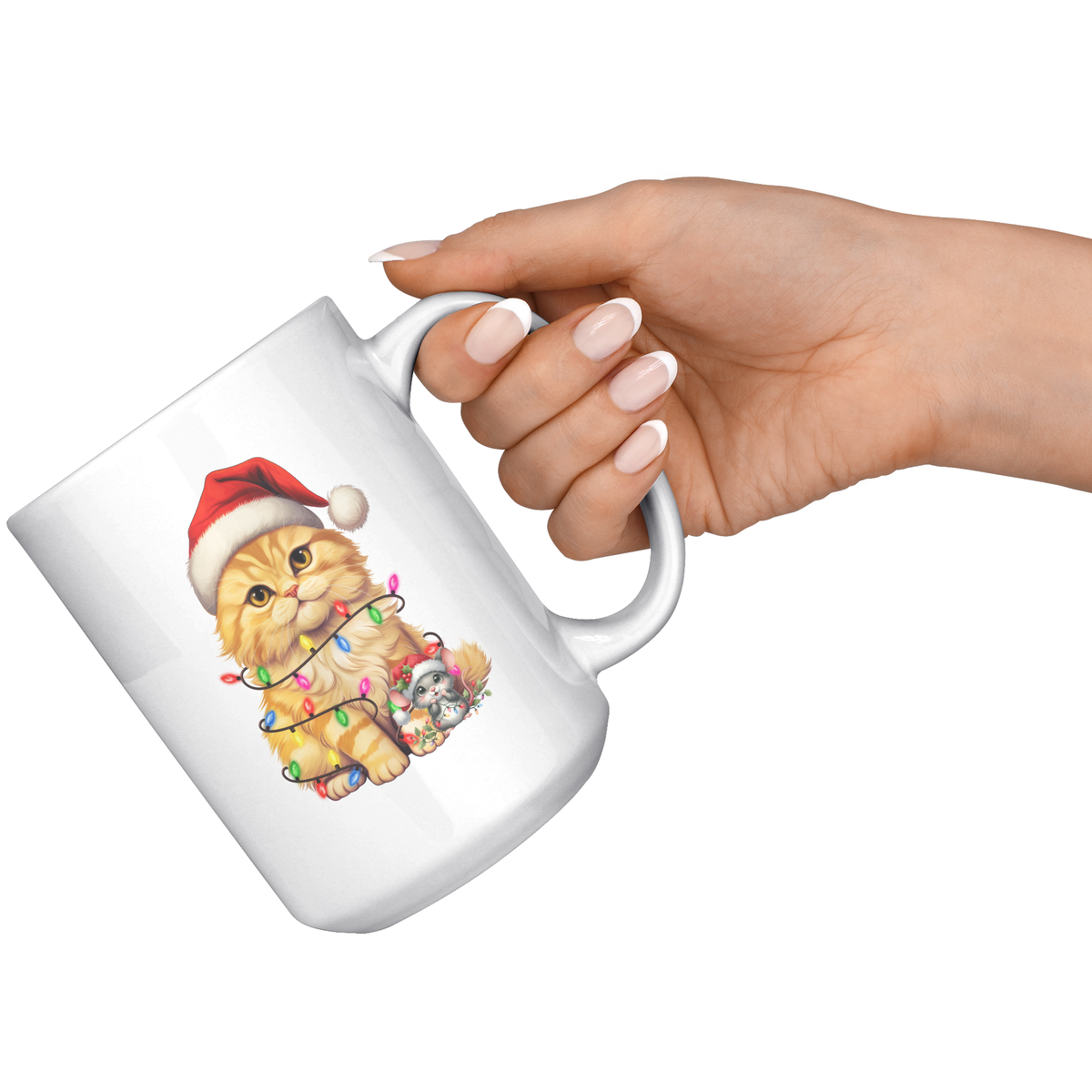 Orange Cat Christmas Hat, Lights With Mouse 15oz White Mug