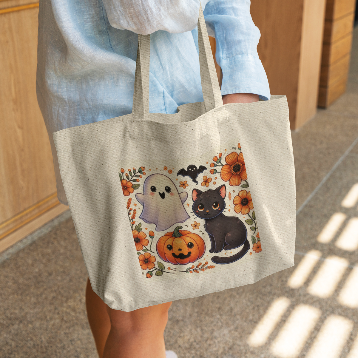 Halloween Cotton Tote Bag with Black Cat, Ghost, and Pumpkin Design - Perfect for Trick-or-Treating and Fall Fun