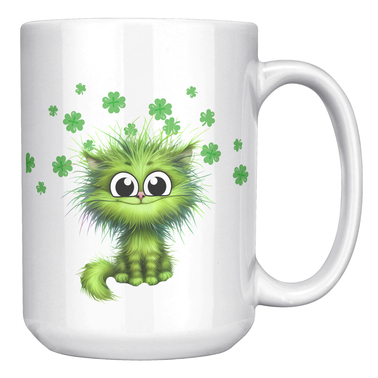 Green Cat And 4 Leaf Clovers 15oz White Mug