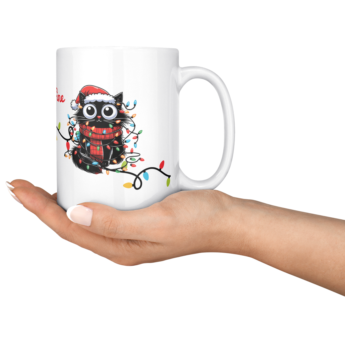 I'm Fine Everything's Fine Funny Christmas Cat Mug - Adorable Black Cat Tangled in Holiday Lights, Perfect Gift for Cat Lovers 15 oz