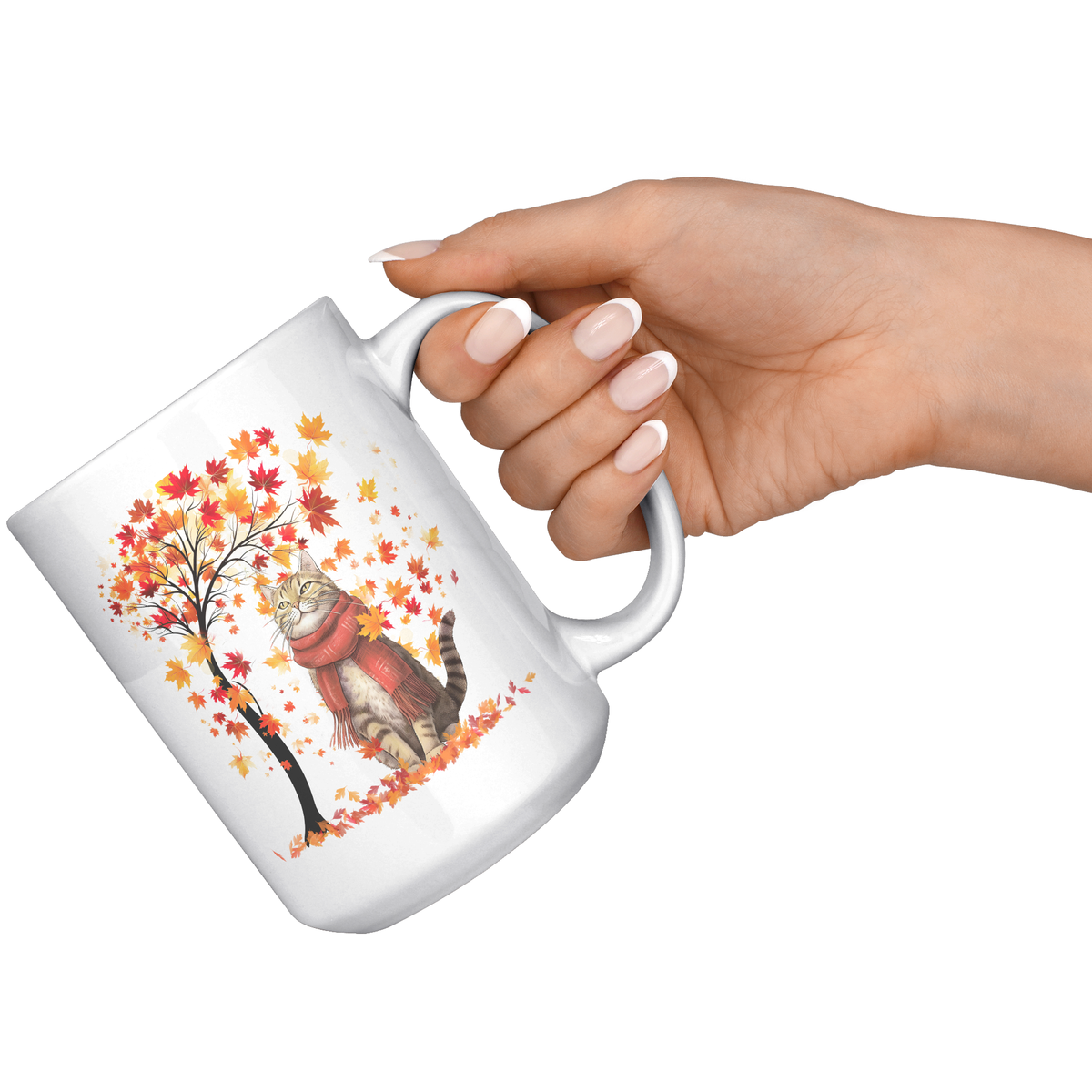 Autumn Leaves Cat 15 oz White Mug