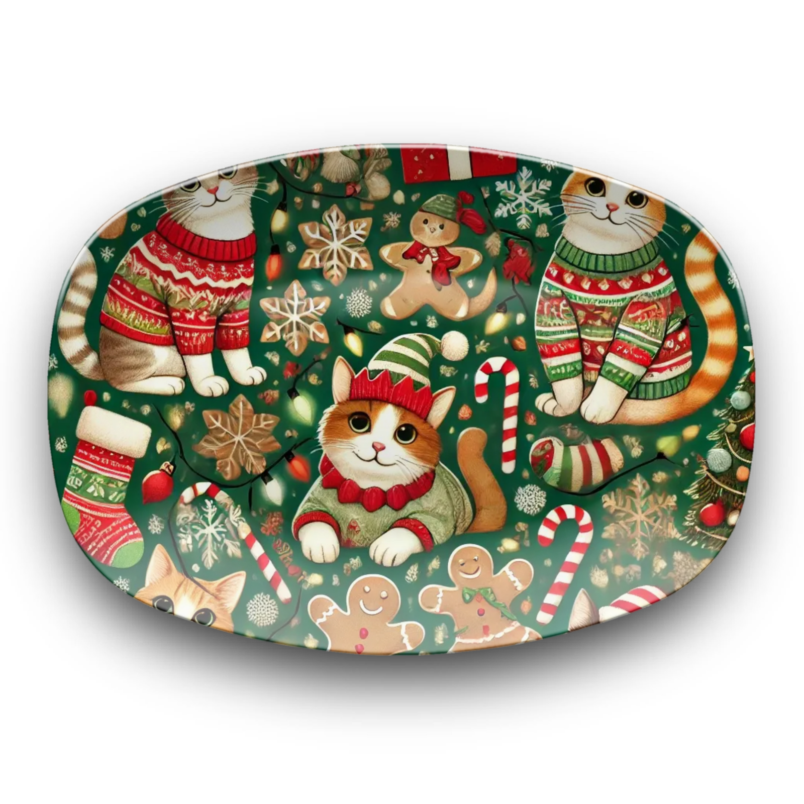 Cozy Christmas Cats Holiday Platter: Festive Feline Fun with Sweaters, Gingerbread, and Candy Canes – Perfect for Holiday Celebrations!