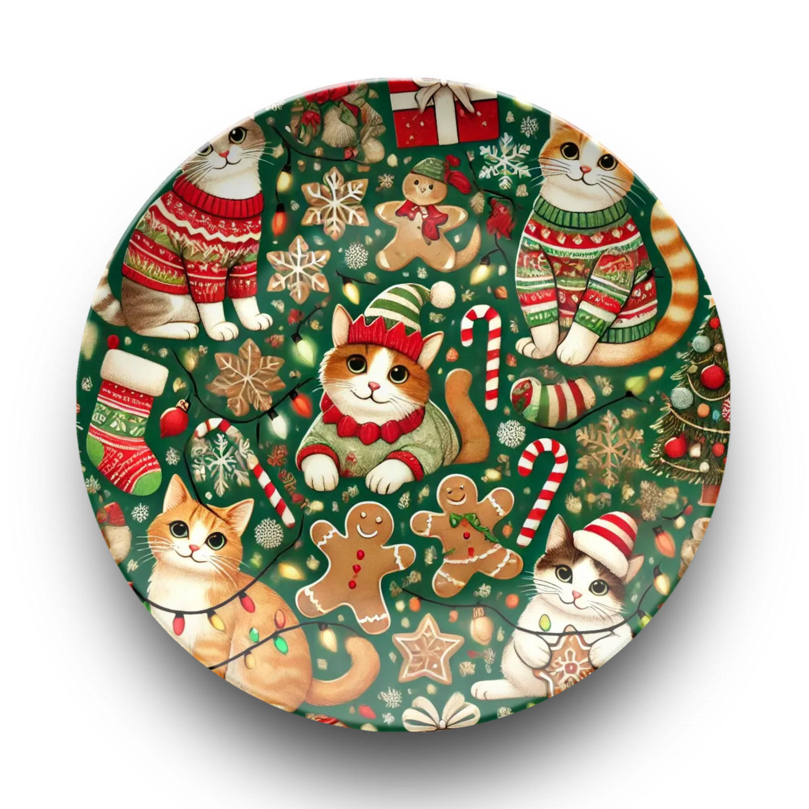 Festive Cats Holiday Plate: Adorable Cats in Sweaters with Gingerbread, Candy Canes, and Snowflakes