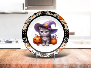 Cute Cat With Hat And Pumpkins Dinner Plate