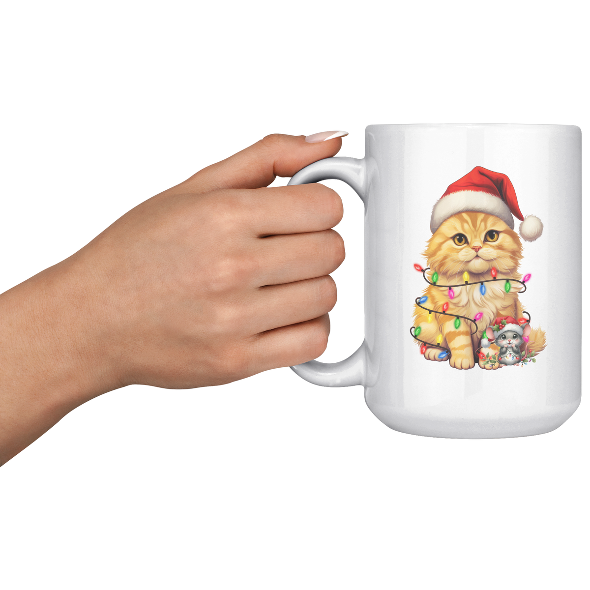 Orange Cat Christmas Hat, Lights With Mouse 15oz White Mug