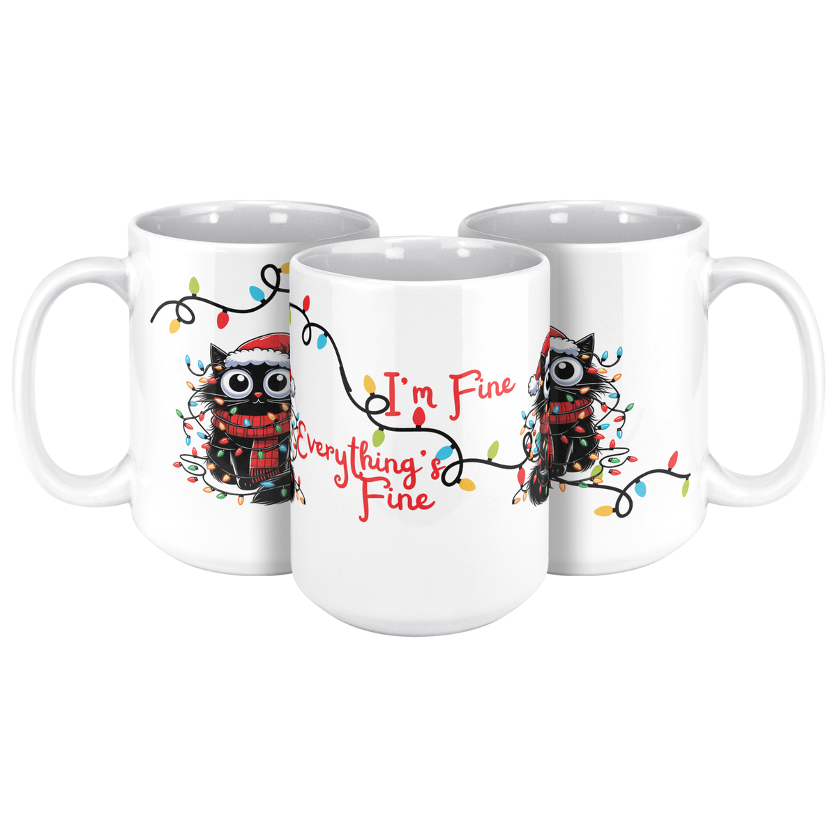 I'm Fine Everything's Fine Funny Christmas Cat Mug - Adorable Black Cat Tangled in Holiday Lights, Perfect Gift for Cat Lovers 15 oz