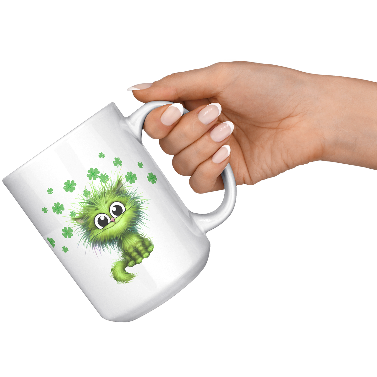 Green Cat And 4 Leaf Clovers 15oz White Mug