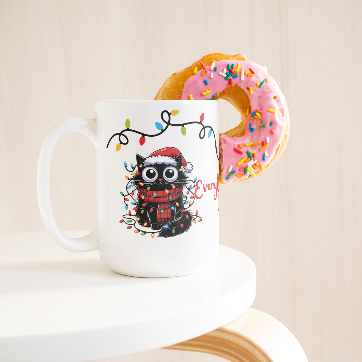 I'm Fine Everything's Fine Funny Christmas Cat Mug - Adorable Black Cat Tangled in Holiday Lights, Perfect Gift for Cat Lovers 15 oz