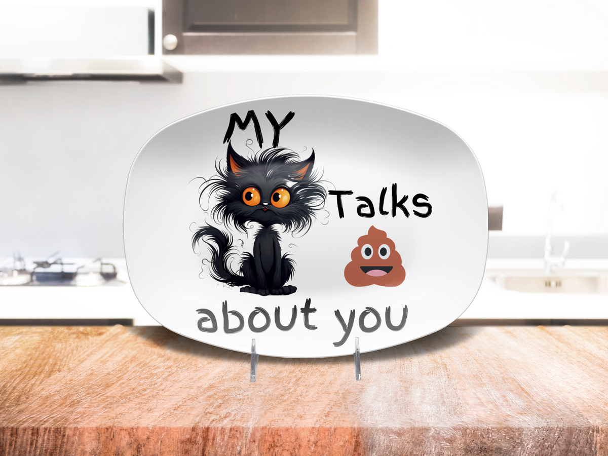 Funny Cranky Kitty Platter Featuring a Fluffy Black Cat and Poop Emoji Saying My Cat Talks About You Humorous Gift for Cat Lovers and Friends