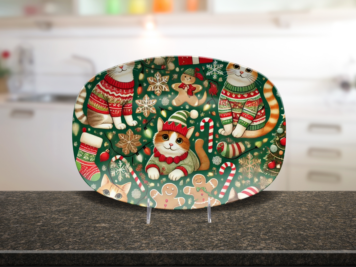 Cozy Christmas Cats Holiday Platter: Festive Feline Fun with Sweaters, Gingerbread, and Candy Canes – Perfect for Holiday Celebrations!