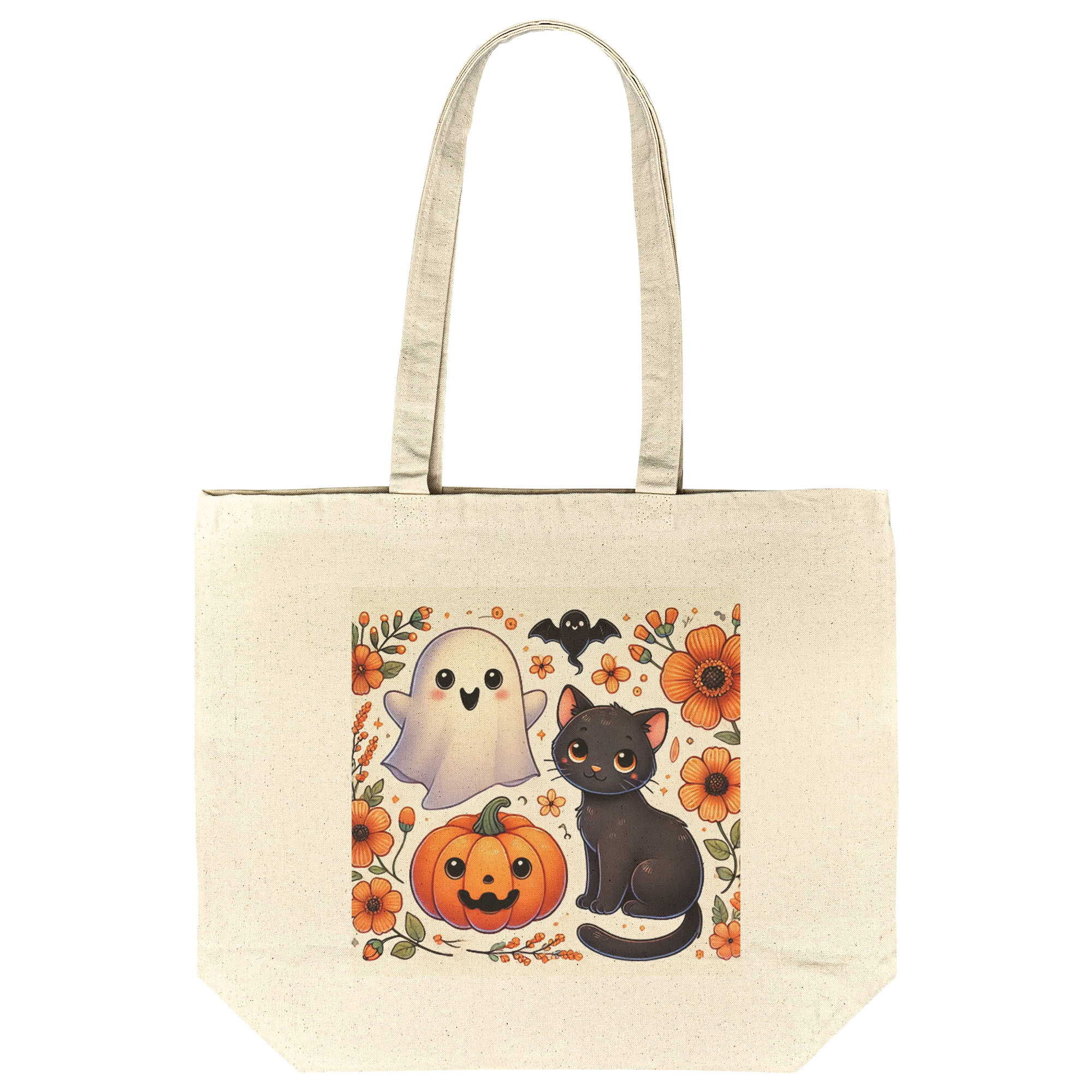 Halloween Cotton Tote Bag with Black Cat, Ghost, and Pumpkin Design - Perfect for Trick-or-Treating and Fall Fun