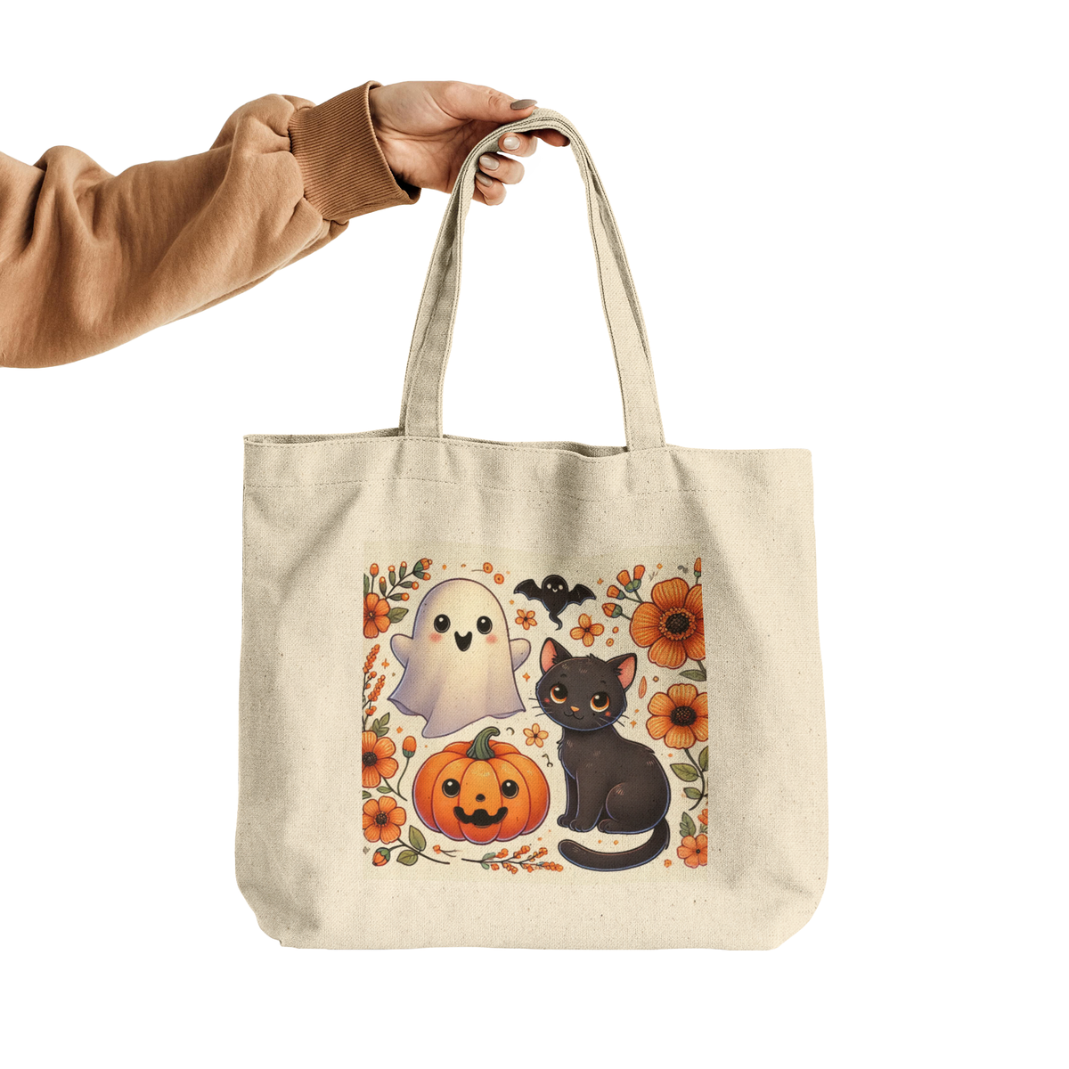 Halloween Cotton Tote Bag with Black Cat, Ghost, and Pumpkin Design - Perfect for Trick-or-Treating and Fall Fun