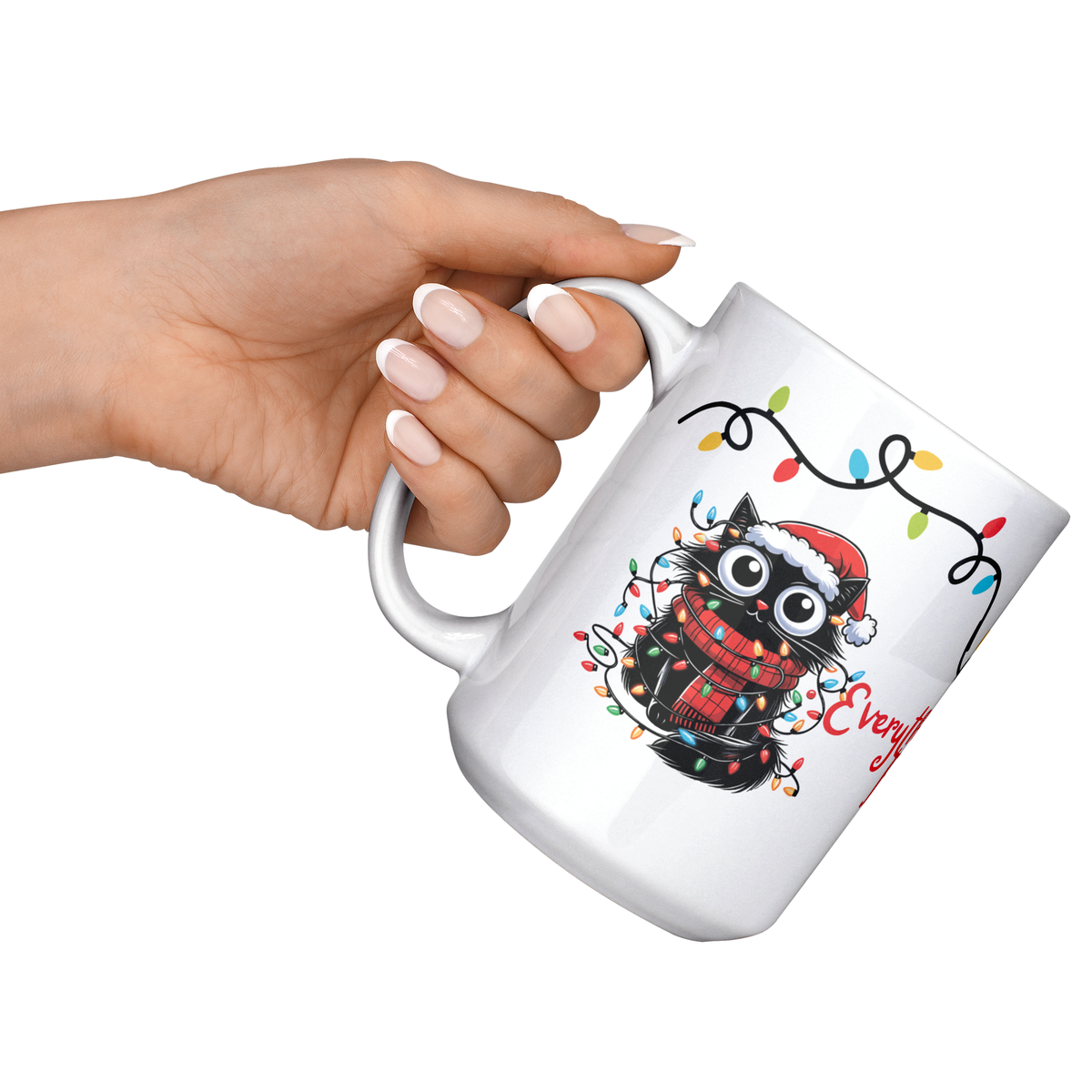 I'm Fine Everything's Fine Funny Christmas Cat Mug - Adorable Black Cat Tangled in Holiday Lights, Perfect Gift for Cat Lovers 15 oz