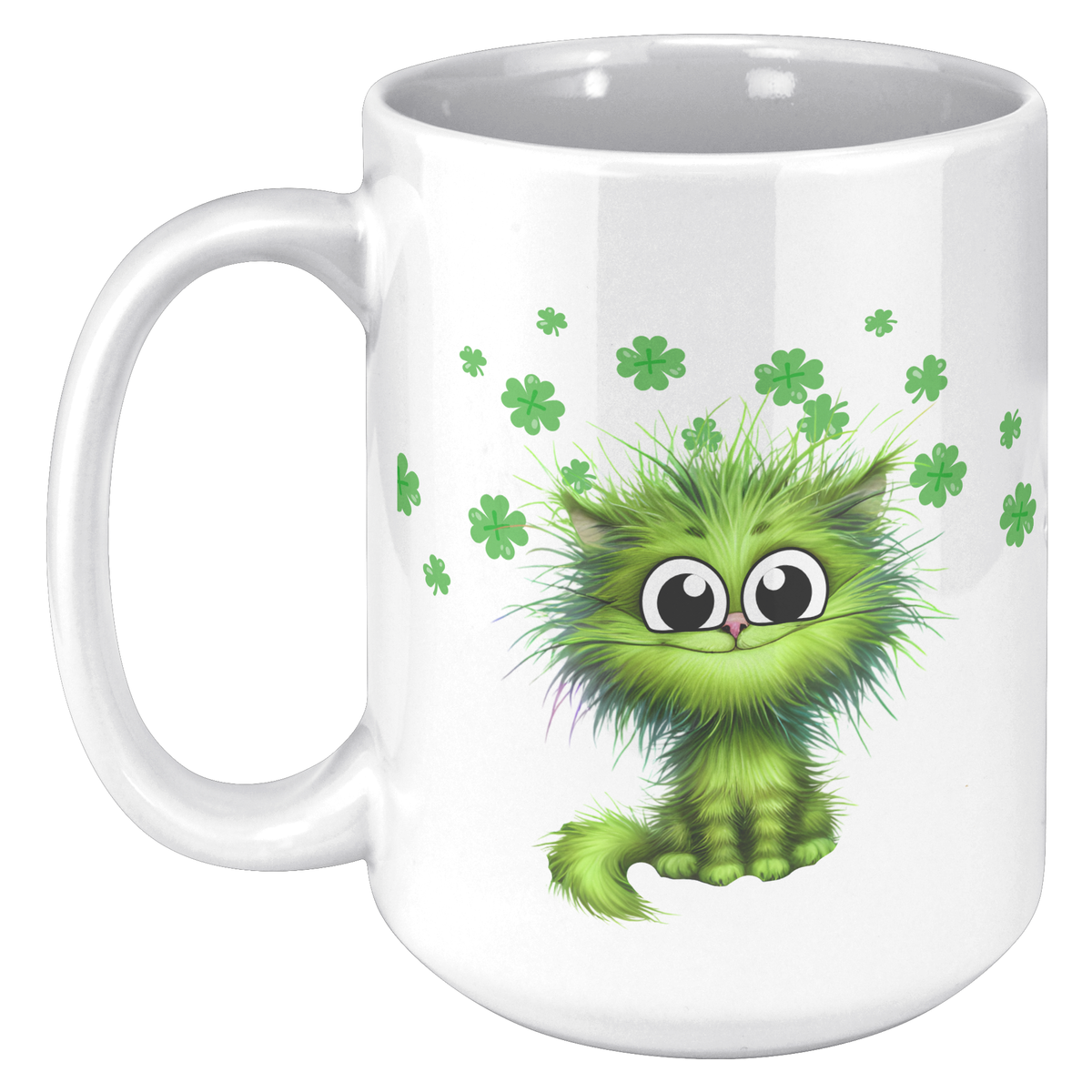 Green Cat And 4 Leaf Clovers 15oz White Mug