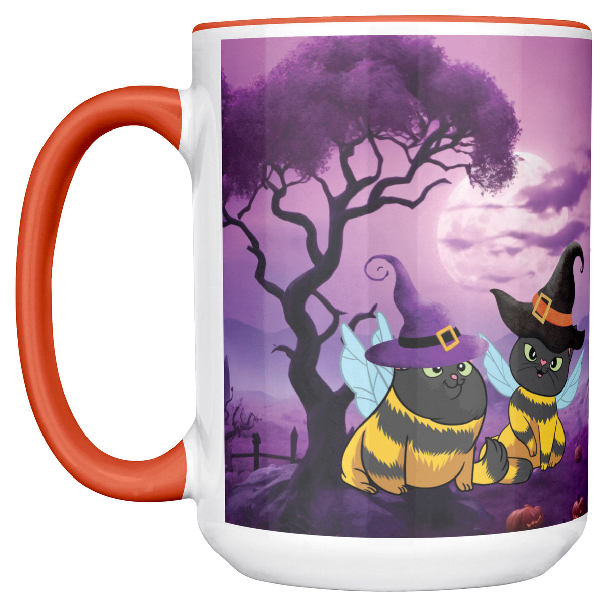 Accent Mug Full Wrap Cat Bees With Witch Hat Spooky Background