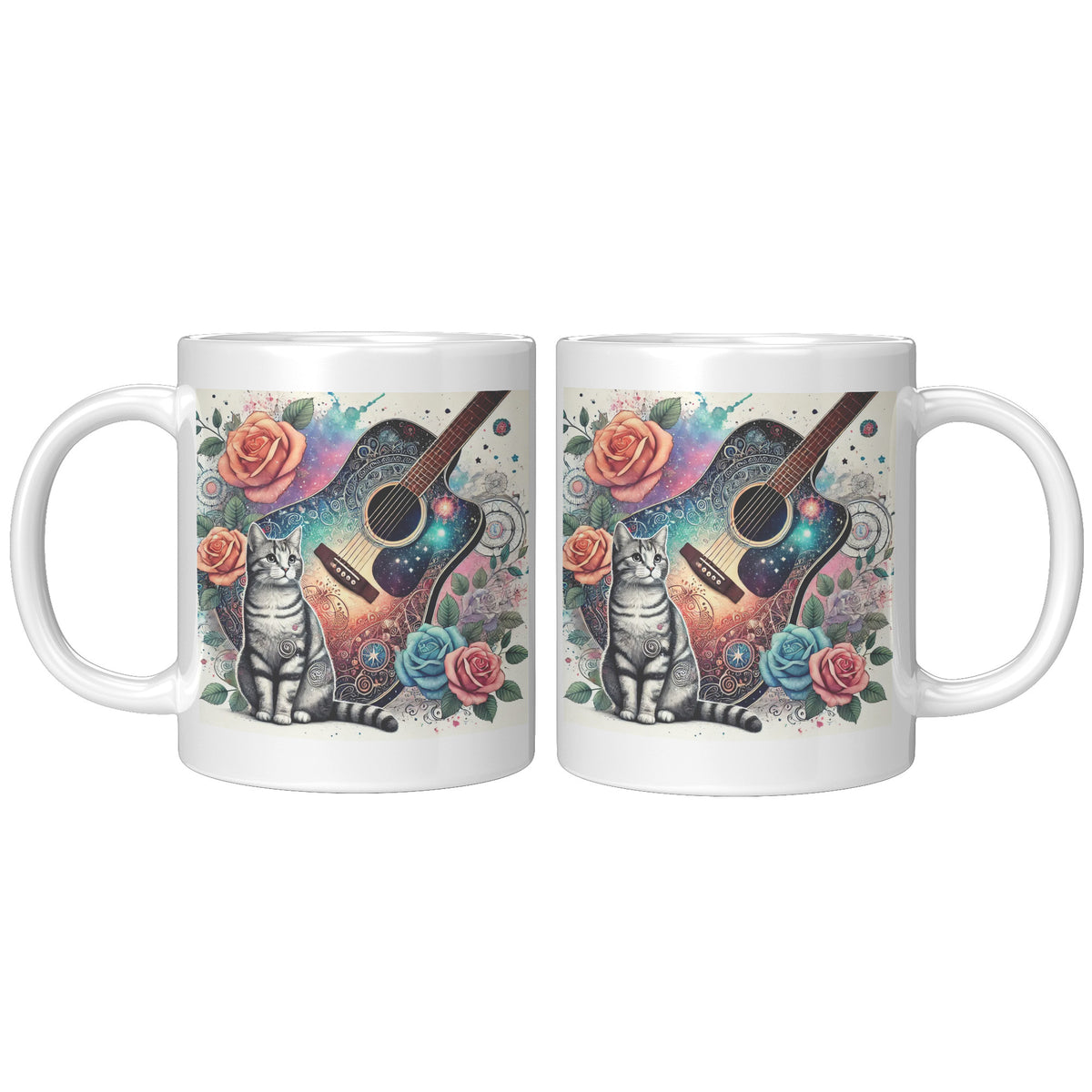 Acoustic Guitar With A Cat White Mug