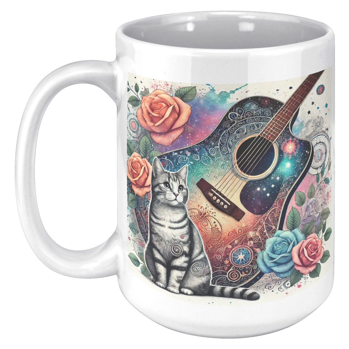 mug with guitar and cat with flowers