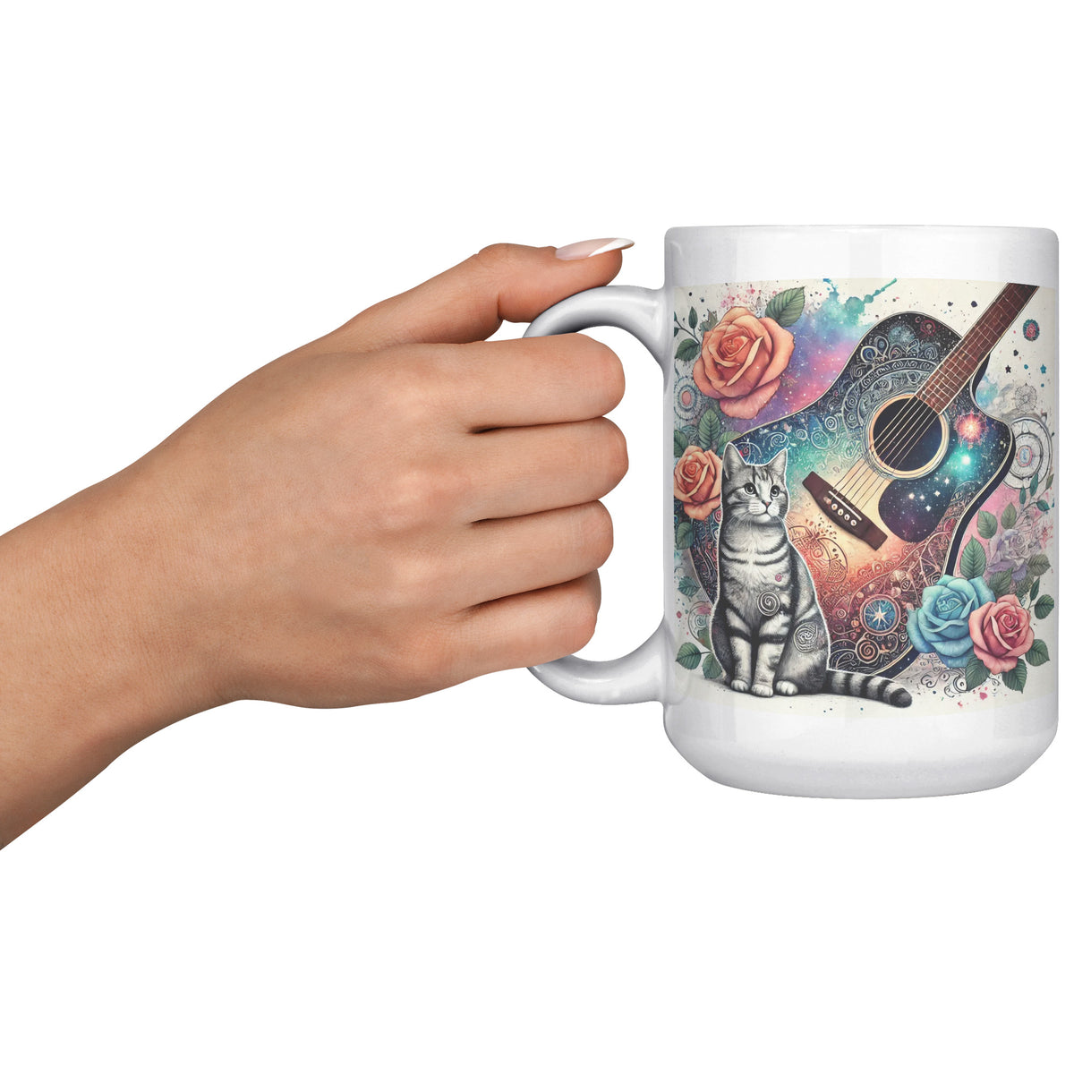 Acoustic Guitar With A Cat White Mug