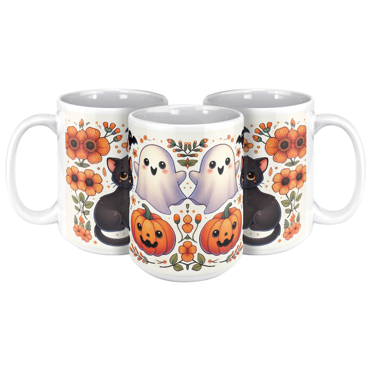 Black Cat Pumpkins And Ghosts Halloween Full Wrap 11 Oz Mug