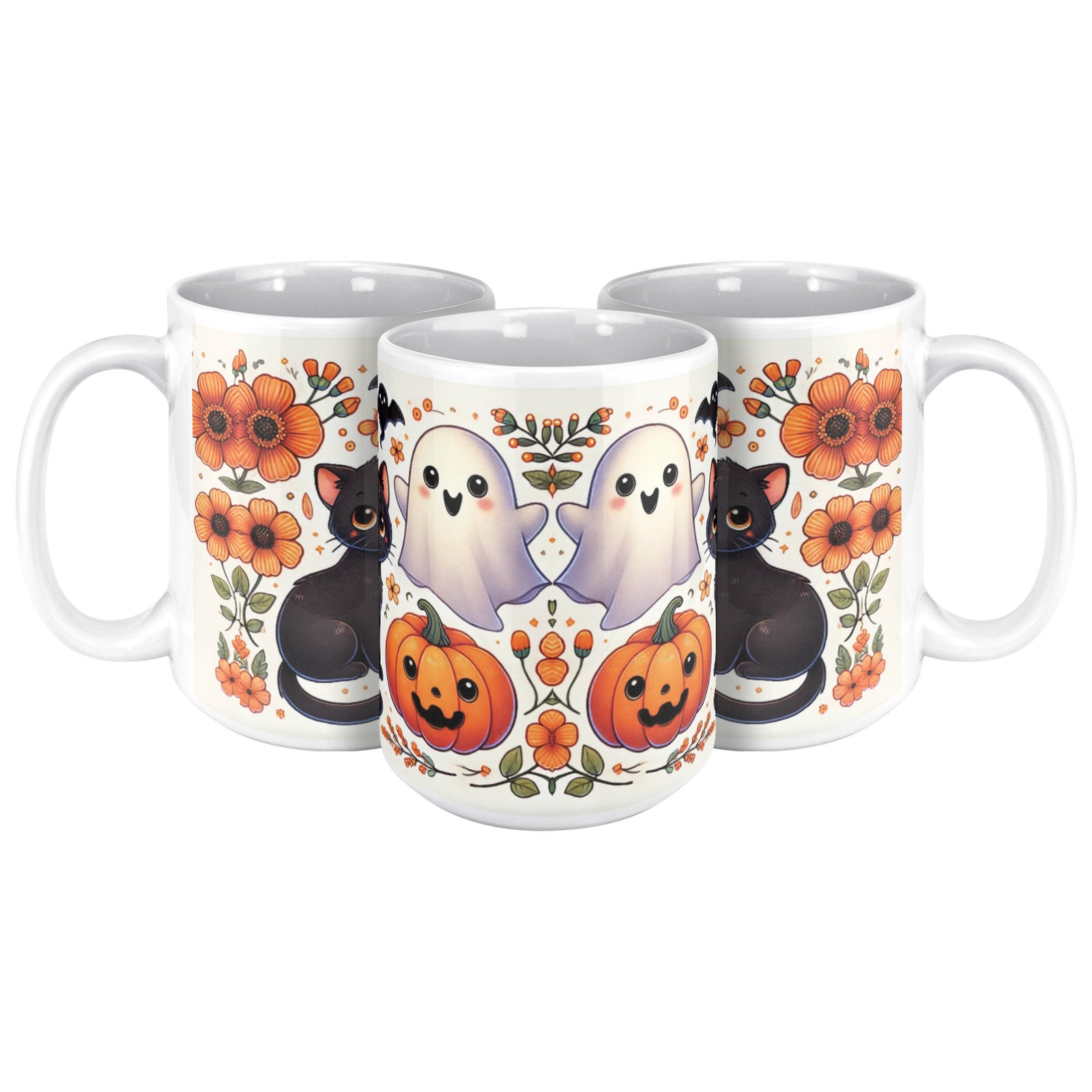 Black Cat Pumpkins And Ghosts Halloween Full Wrap 11 Oz Mug