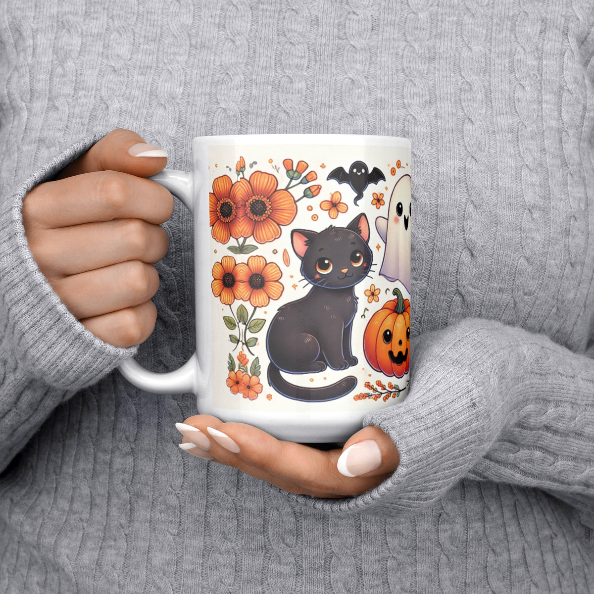Black Cat Pumpkins And Ghosts Halloween Full Wrap 11 Oz Mug