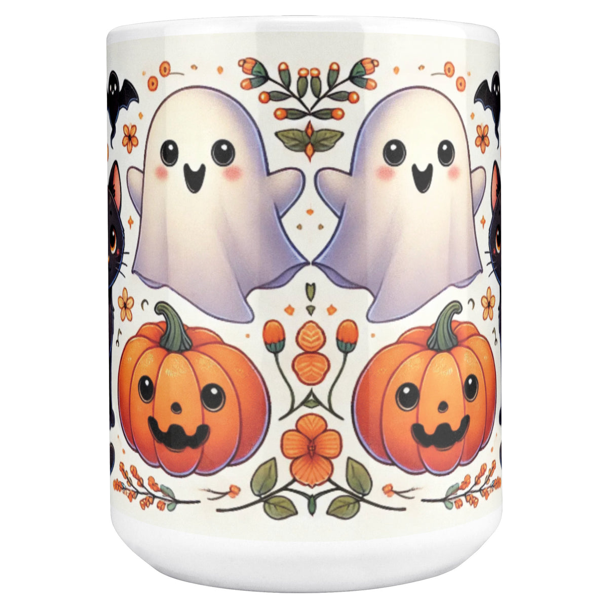 Black Cat Pumpkins And Ghosts Halloween Full Wrap 11 Oz Mug