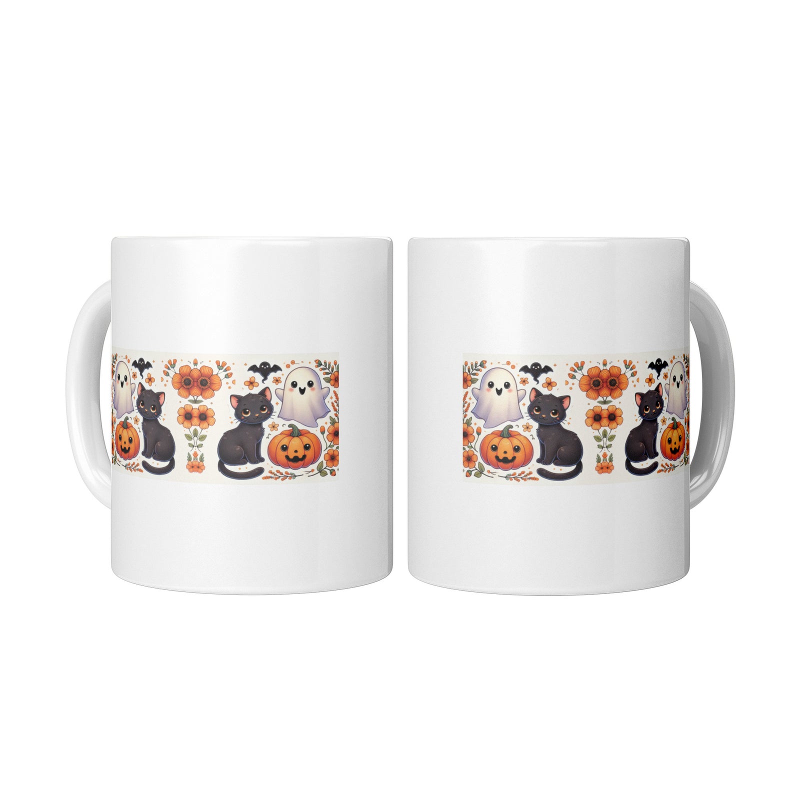 Black Cat Pumpkins And Ghosts Halloween 11 Oz Mug