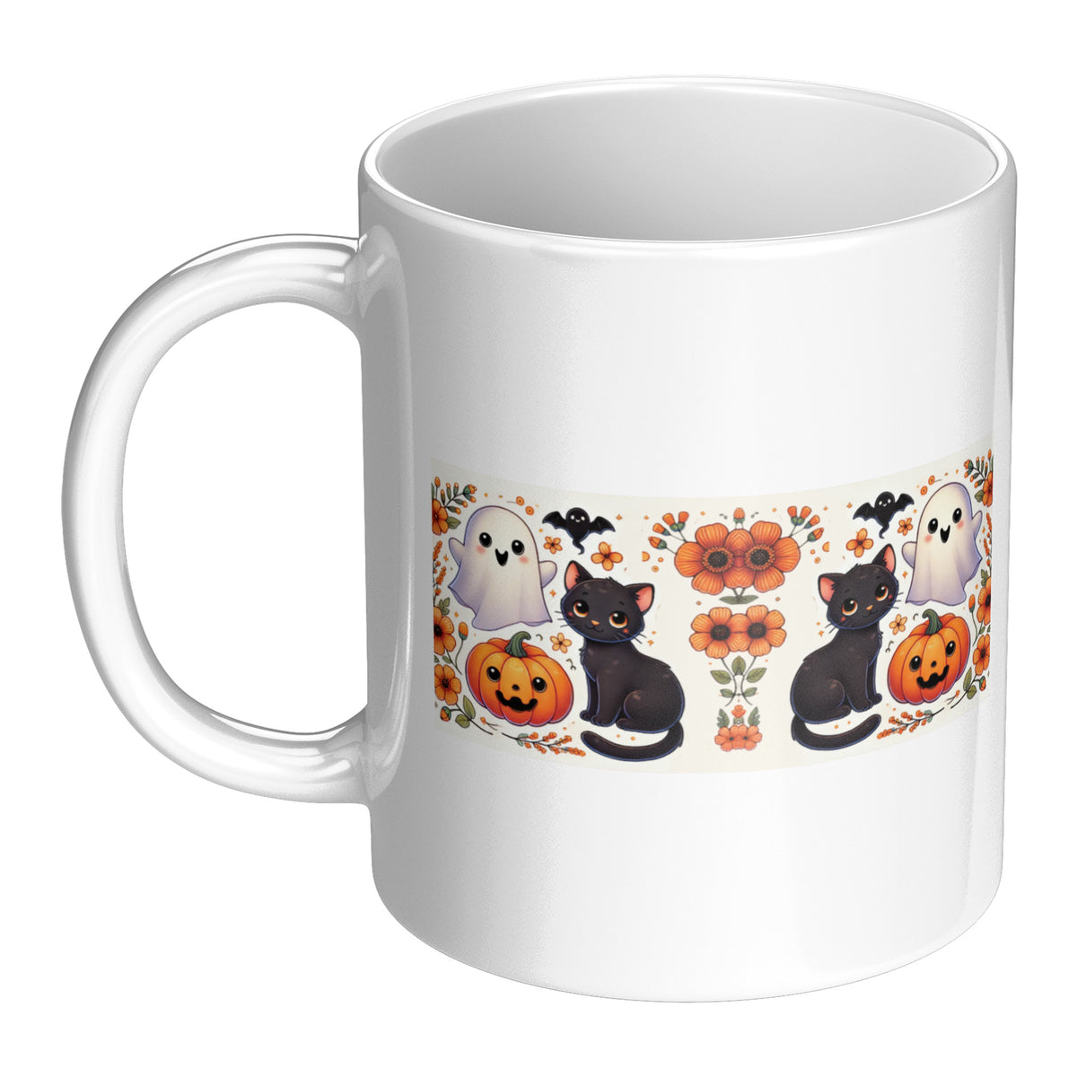 Black Cat Pumpkins And Ghosts Halloween 11 Oz Mug