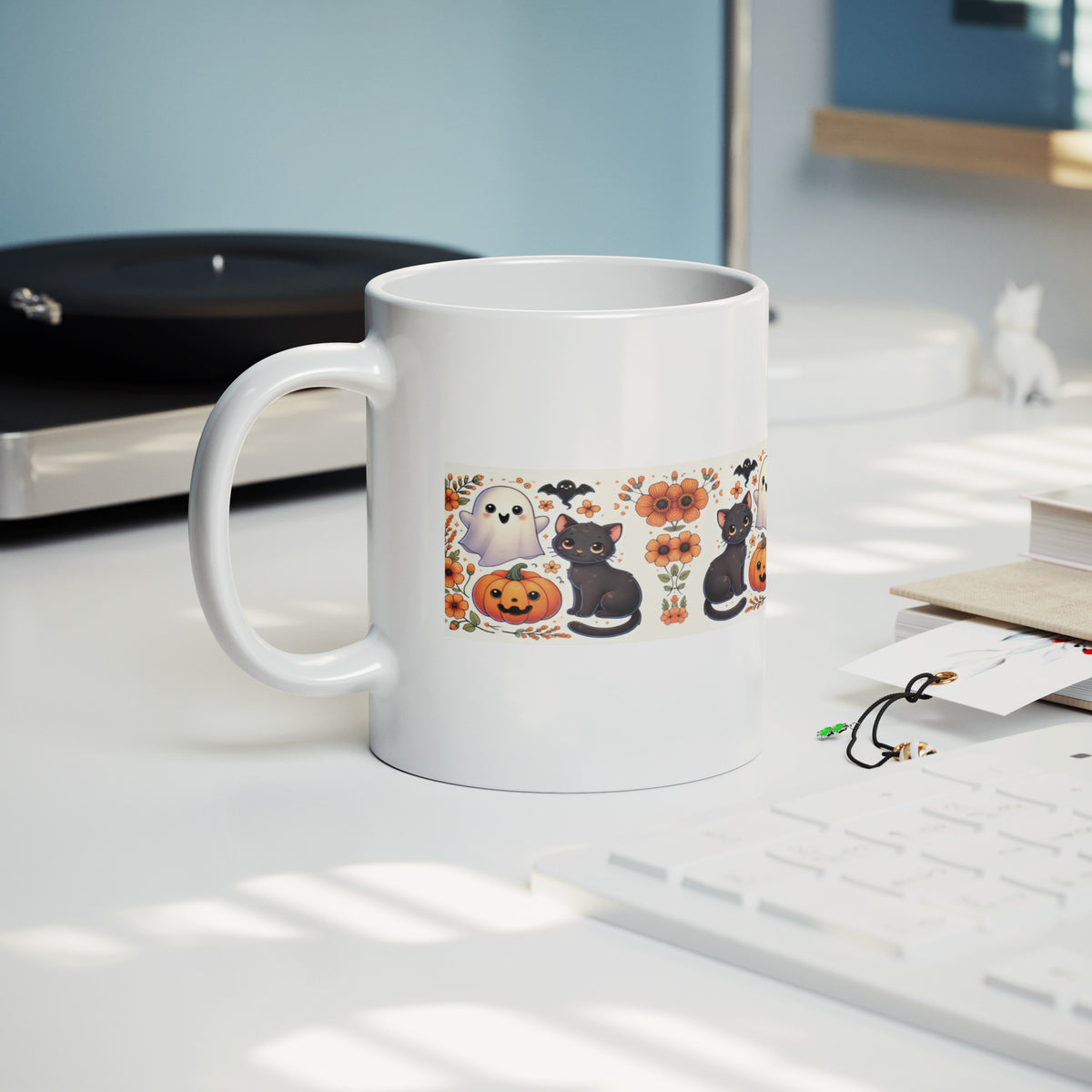 Black Cat Pumpkins And Ghosts Halloween 11 Oz Mug