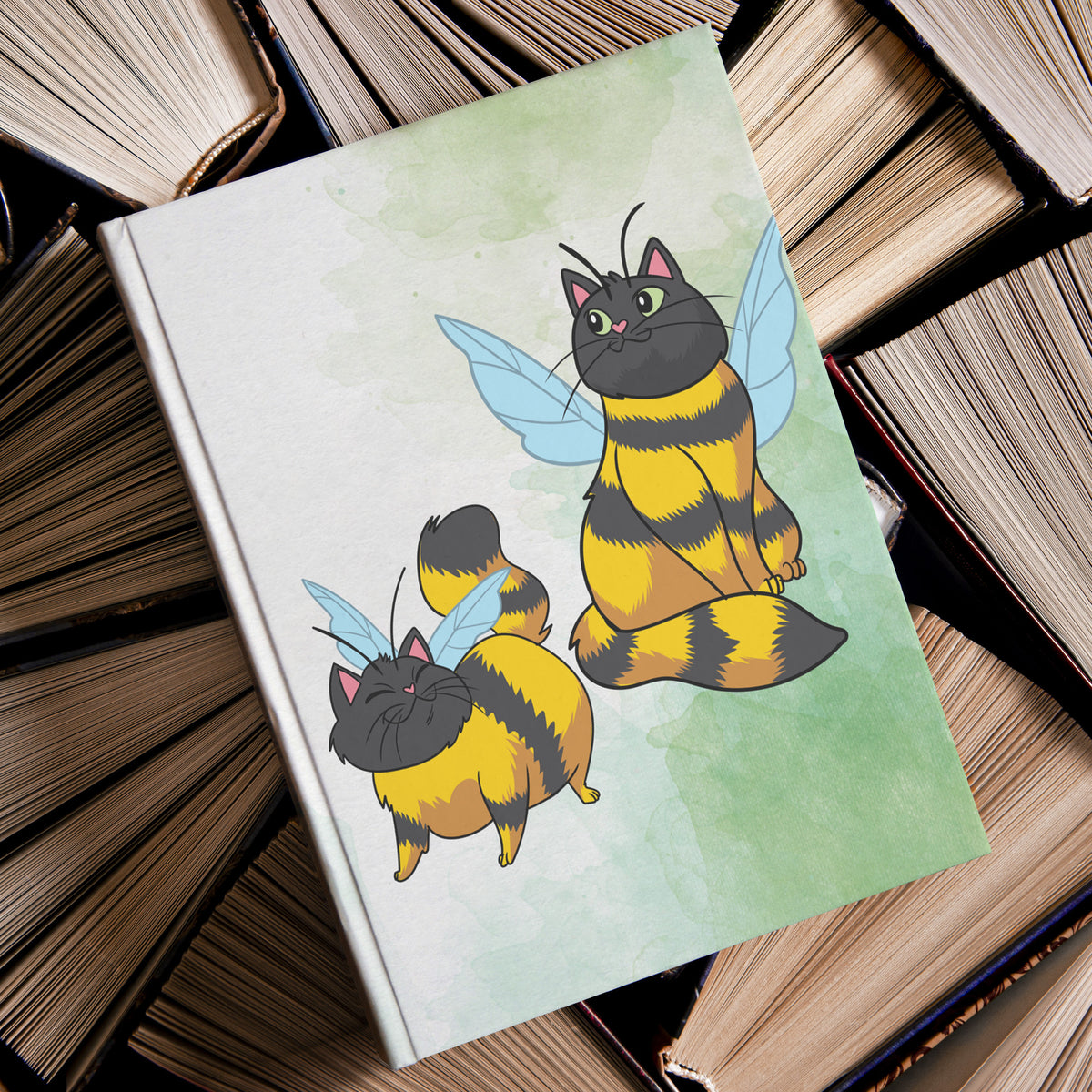 Cat Bees Christmas Green Background  Hardcover Journal