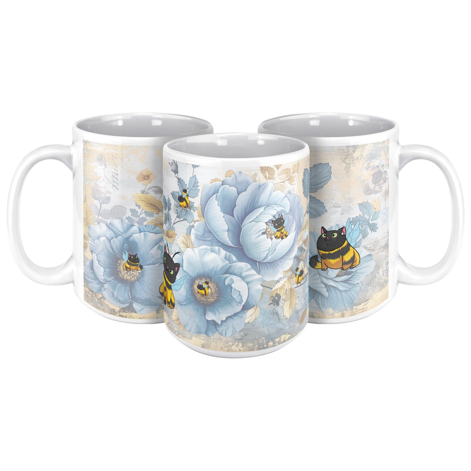 Cat Bees Florals White Coffee Mug