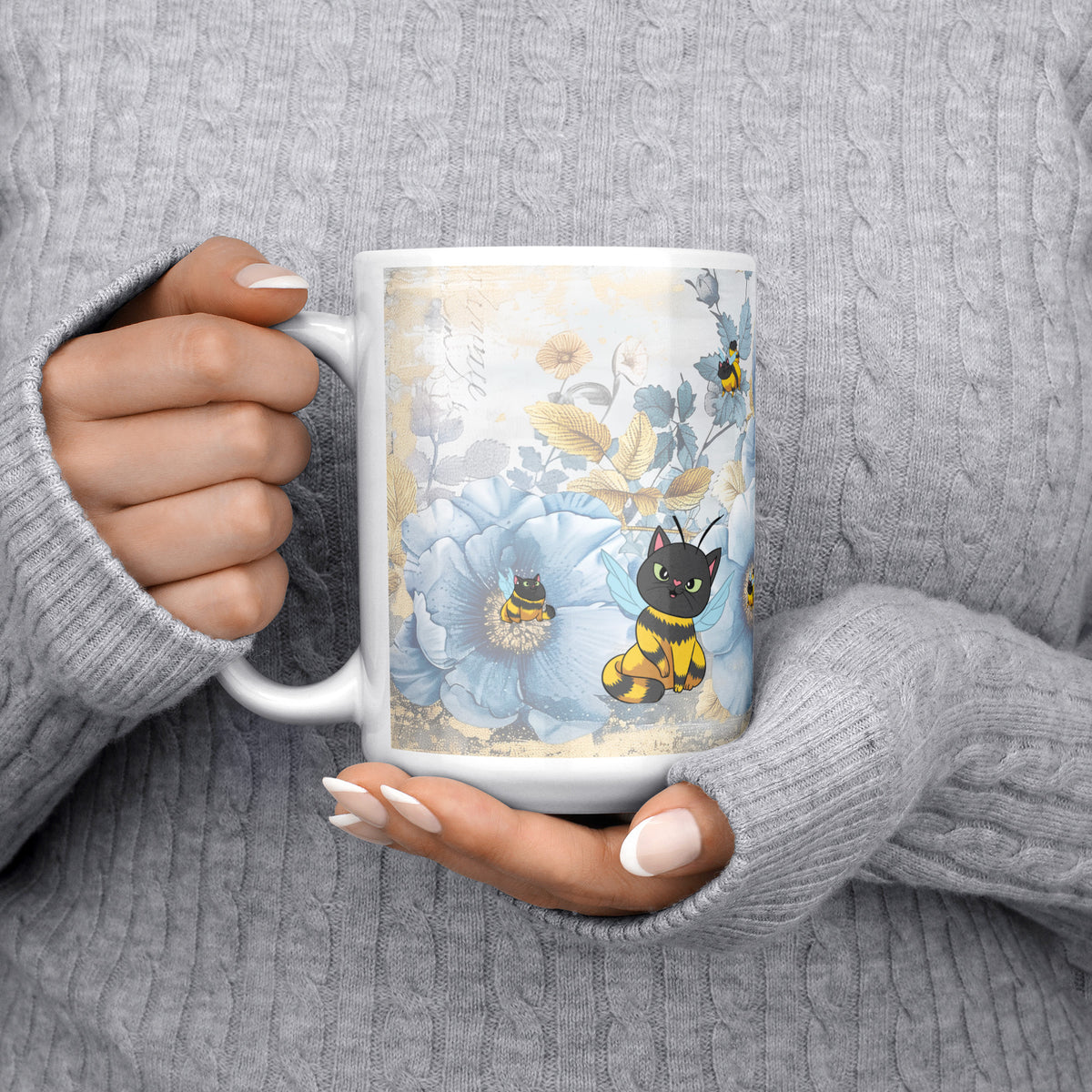Cat Bees Florals White Coffee Mug