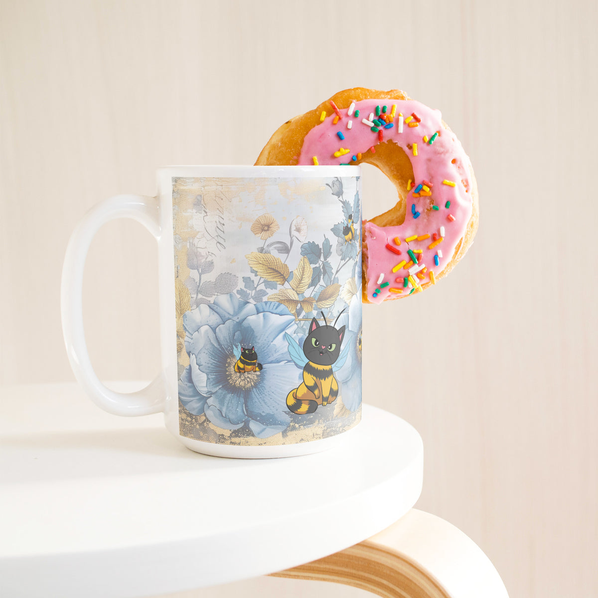Cat Bees Florals White Coffee Mug