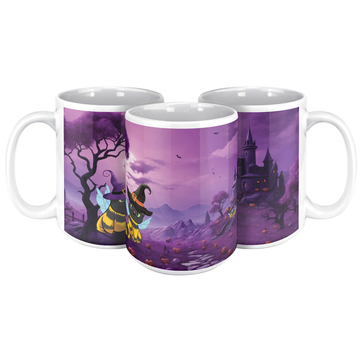 Cat Bees Wiches Hats And Spooky Castle White Coffee Mug